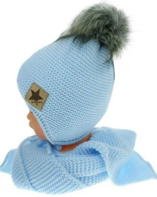 Proman Zimná čiapočka s šálom chlupáčková Bambulka sv. modrá sivá