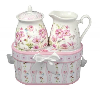 Porcelánová cukřenka a mlékovka - Růžové květiny