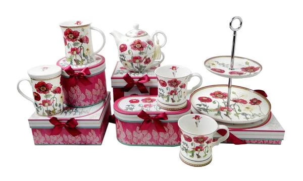 HOME ELEMENTS Porcelánový hrnek se sítkem a víčkem – Vlčí máky 330 ml