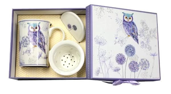 HOME ELEMENTS Porcelánový hrnek se sítkem a víčkem - Fialová sova 330 ml