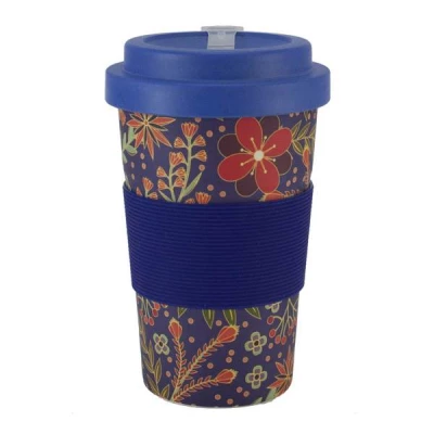 HOME ELEMENTS Cestovné bambusový hrnček - 400 ml - Kvety