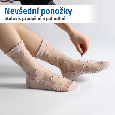 GFT Průhledné ponožky s květy - růžové