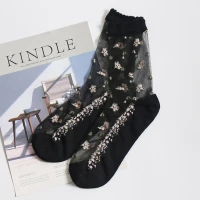 GFT Průhledné ponožky s květy - černé