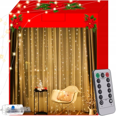Malatec 17216 Vánoční světelný závěs 300 LED, USB, dálkové ovládání, 3 x 3 m teplý bílý