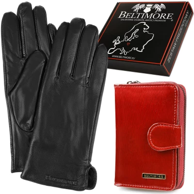 Beltimore A02 Dámská kožená sada peněženka červená s rukavicemi