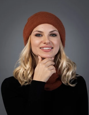 LEMA 1207 Dámský zimní set čepice a nákrčník Alpaka camel