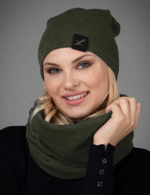 LEMA 1229 Dámský zimní set čepice a nákrčník khaki