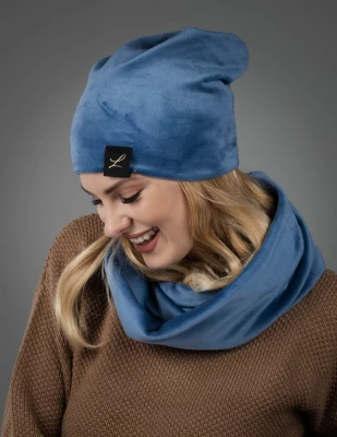 LEMA 1231 Dámský zimní set čepice a nákrčník jeans