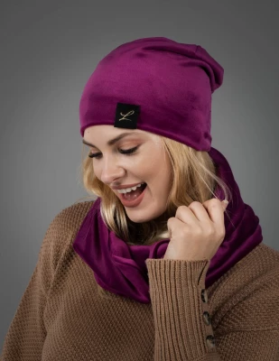 LEMA 1231 Dámský zimní set čepice a nákrčník fialový