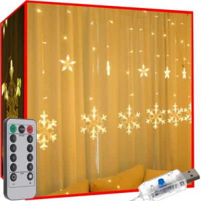 ISO 19746 Světelný závěs vločky, hvězdy 138 LED, USB, dálkové ovládání, teplá bílá