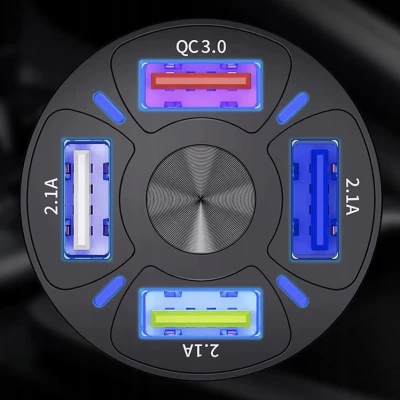 Xtrobb 19907 Nabíječka do auta, 4 konektory USB, Quick Charge + kabel MicroUSB, Lighting, USB-TYP C černá