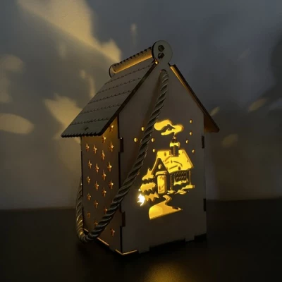 Ruhhy 22163 Vianočný závesný drevený domček s LED svetlom drevený