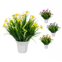 Vergionic 7044 Umelá tráva v kvetináči s kvetinami, 29 cm
