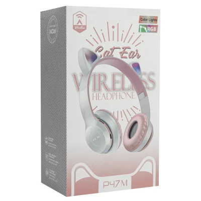 Vergionic 7301 Bezdrátová Bluetooth sluchátka Cat s tlapkou, 35 mW, 200 mAh šedorůžová