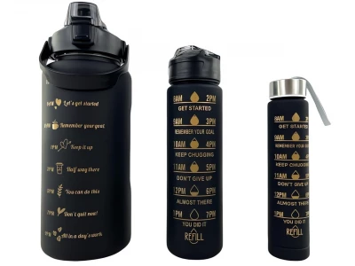 GGV Motivační lahve na vodu 3 ks, 2000 ml, 900 ml, 300 ml černá