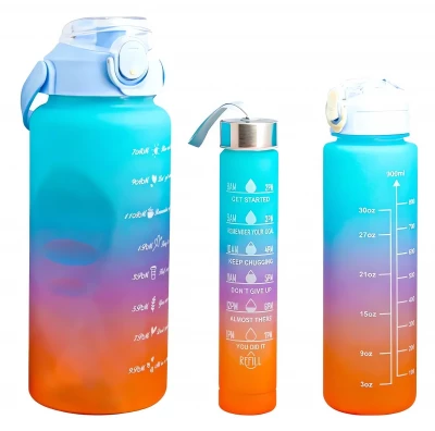 GGV Motivační lahve na vodu 3 ks, 2000 ml, 900 ml, 300 ml modrooranžovozelená