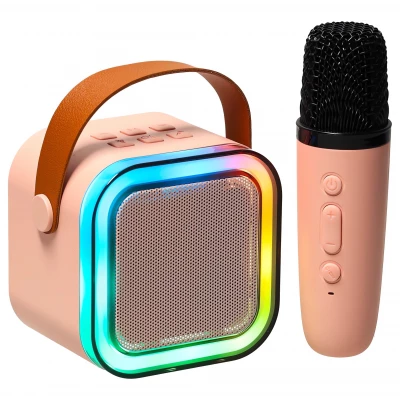 KIK KX3379 Karaoke Bluetooth reproduktor  6 W, bezdrátový mikrofon, růžový