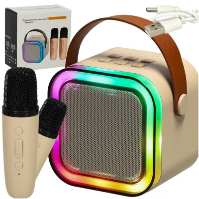 KIK KX3377 Karaoke Bluetooth reproduktor 6 W, 2x bezdrôtový mikrofón, béžový