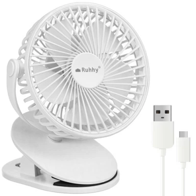 Ruhhy 25566 Ventilátor s klipom USB, 1200 mAh, USB-C, biely