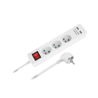 Rebel Prodlužovací kabel 3 x zásuvka + 2 x USB + vypínač, 3 m, bílá