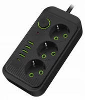 Verk 12381 Predlžovací kábel s prepínačom 3 zásuvky, 4x USB, 1x UCB-C, 2 m, čierny