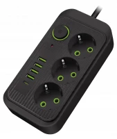 Verk 12381 Predlžovací kábel s prepínačom 3 zásuvky, 4x USB, 1x UCB-C, 2 m, čierny