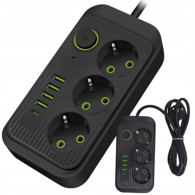 Verk 12381 Predlžovací kábel s prepínačom 3 zásuvky, 4x USB, 1x UCB-C, 2 m, čierny