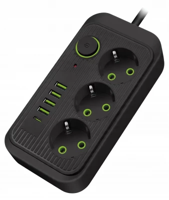 Verk 12381 Predlžovací kábel s prepínačom 3 zásuvky, 4x USB, 1x UCB-C, 2 m, čierny