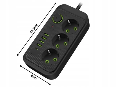 Verk 12381 Predlžovací kábel s prepínačom 3 zásuvky, 4x USB, 1x UCB-C, 2 m, čierny