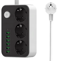 Verk 12382 Prodlužovací kabel s vypínačem 3 zásuvky, 6x USB, 1x UCB-C, 2 m, černobílý