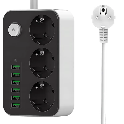 Verk 12382 Prodlužovací kabel s vypínačem 3 zásuvky, 6x USB, 1x UCB-C, 2 m, černobílý