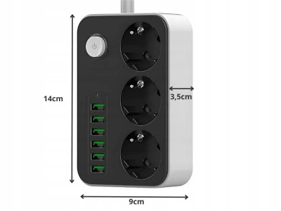 Verk 12382 Prodlužovací kabel s vypínačem 3 zásuvky, 6x USB, 1x UCB-C, 2 m, černobílý