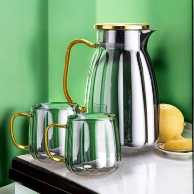 eCa DZ07 Sklenený džbán 1600 ml s vlnitými stenami a vekom + 2 poháre 350 ml