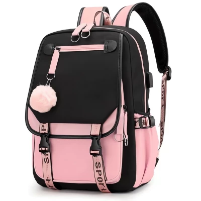 eCa PL156 Univerzální školní sportovní batoh s klíčenkou a USB portem, 21 l, růžovočerná