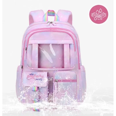 eCa PL159R Univerzální školní batoh RAINBOW s kapsami a maskotem, 35 l, růžová