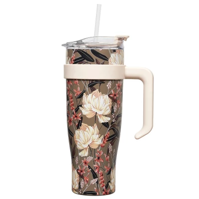 CMP KA0589 Termohrnek s uchem a brčkem 1,2 l - Květinový design, hnědý