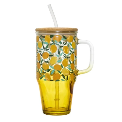 CMP KA0629 Sklenený hrnček so slamkou a viečkom - 650 ml, citróny