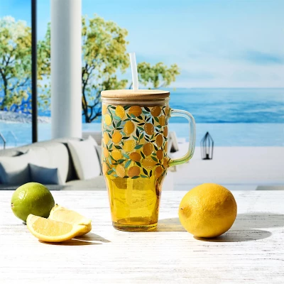 CMP KA0629 Sklenený hrnček so slamkou a viečkom - 650 ml, citróny