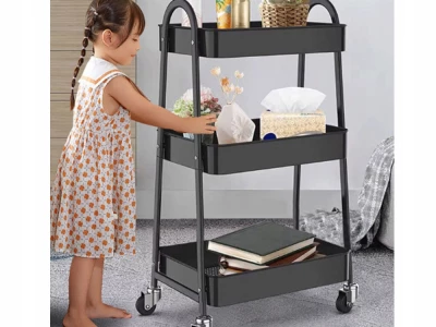 Verk 27493 Třípatrový kovový regál na kolečkách 78 x 46 x 26 cm, černý