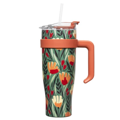 CMP KA0589 Termohrnek s uchem a brčkem 1,2 l - Květinový design, zelený