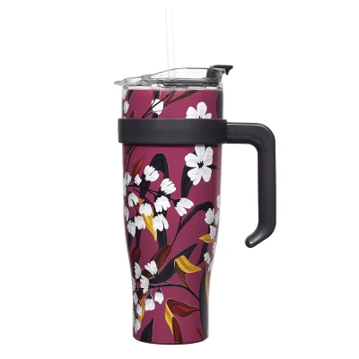 CMP KA0589 Termohrnek s uchem a brčkem 1,2 l - Květinový design, fialový