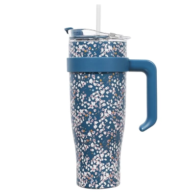 CMP KA0439 Termohrnek s uchem a brčkem 1,2 l květinový design, modrý