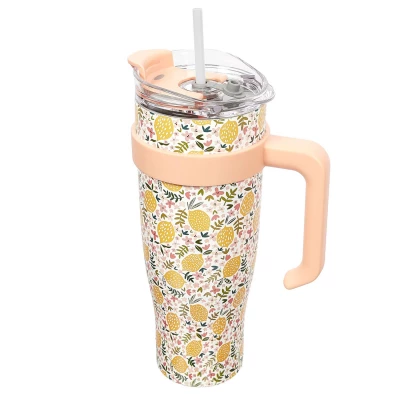 CMP KA0439 Termohrnek s uchem a brčkem 1,2 l, květinový design s citrony