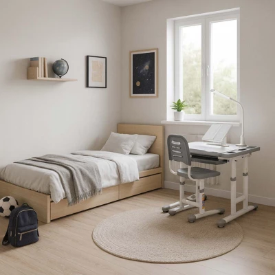 KIK KX2974 Nastavitelný dětský psací stůl s židlí a LED lampou, bílošedý