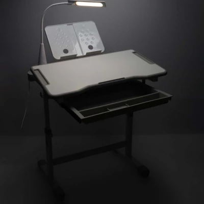 KIK KX2974 Nastavitelný dětský psací stůl s židlí a LED lampou, bílošedý