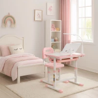 KIK KX2974 Nastavitelný dětský psací stůl s židlí a LED lampou, bílorůžový