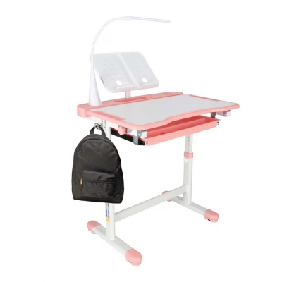 KIK KX2974 Nastavitelný dětský psací stůl s židlí a LED lampou, bílorůžový