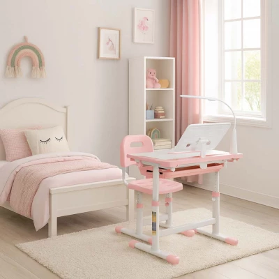 KIK KX2974 Nastavitelný dětský psací stůl s židlí a LED lampou, bílorůžový