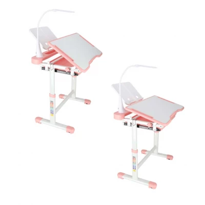 KIK KX2974 Nastavitelný dětský psací stůl s židlí a LED lampou, bílorůžový