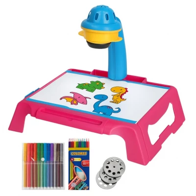 KIK KX2933 Dětský projektor – kreslící stolík se šablonami a fixami, růžová